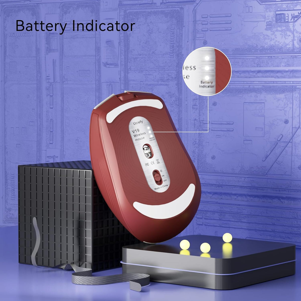 Uciefy V19 Wireless Mouse, 2.4GHz Rechargeable Mouse LED with Battery Indicator, Magnetic Computer Mice with USB Receiver & Type-C Adapter for Laptop/PC/Mac/Chromebook-Red