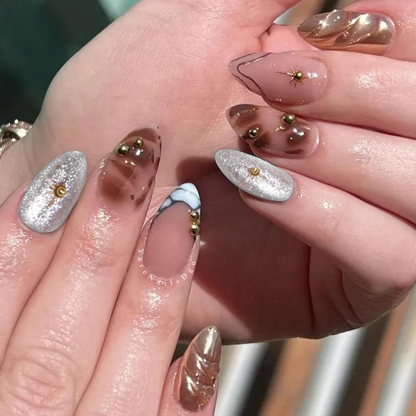 Medium Press on Nails Almond Fake Nails French Tip with 3D Water Ripples Pearls Stars Lines Irregular Pattern Designs Silver Glitter Sequins Nails Press ons Nude Stick on Nails for Women 24Pcs