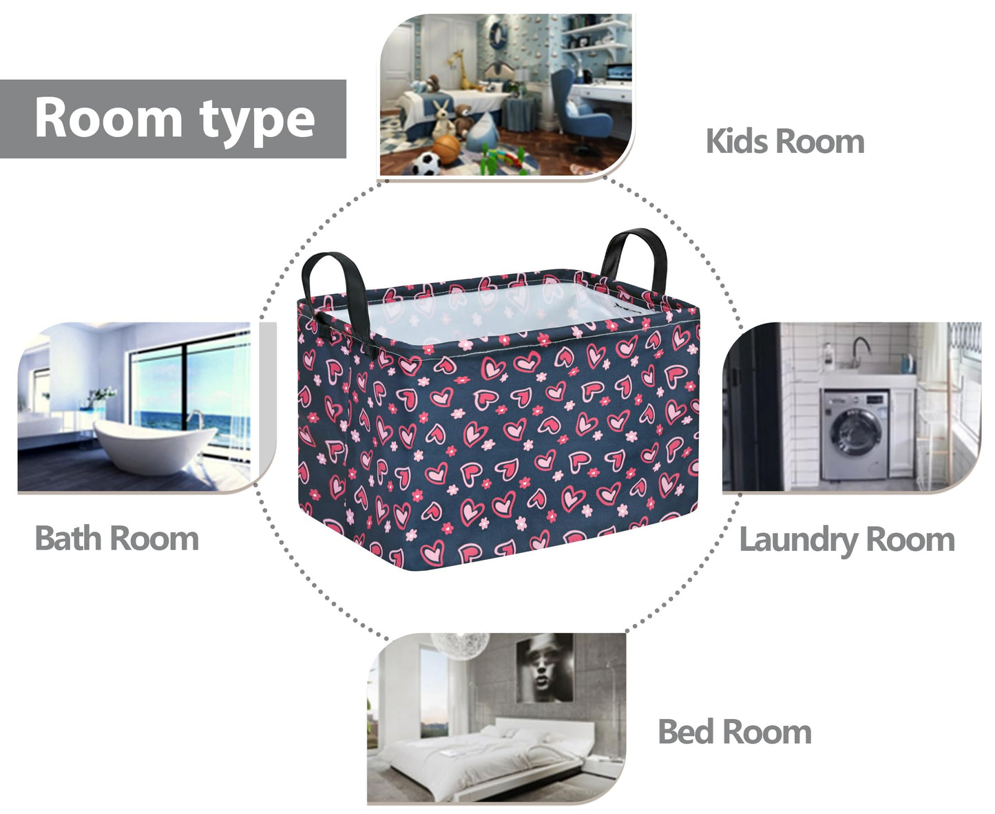 VAIVUSTO Rec Heart Print Box Hamper Storage Basket Collapsible Organizer Bin Gift Shelf Baskets for Home and Kitchen Storage