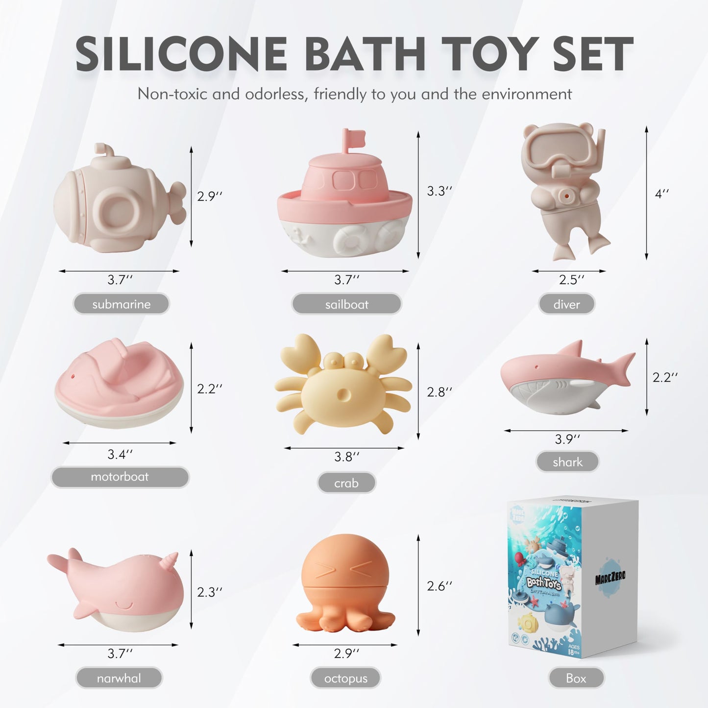 MarcZero Ocean Silicone Bath Toys 8Pcs for Toddlers Kids Babies,Bathtub Water Toys,Soft Squeezable Easy-Grip Pool Toys Set (Pink)