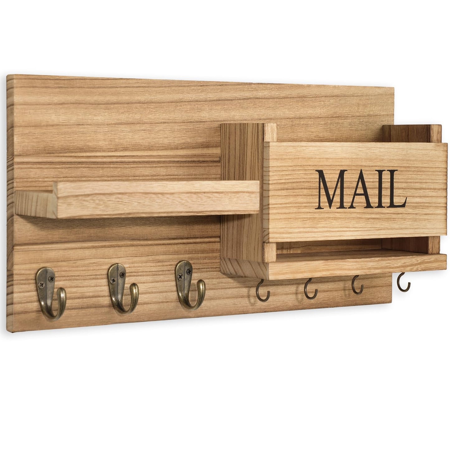 Lwenki Mail Organizer for Wall Mount – Key Holder with Shelf Includes Letter Holder and Hooks for Hallway Farmhouse Decor – Rustic Wood with Flush Mounting Hardware (16.5” x 9.1” x 3.4”) (Wood)