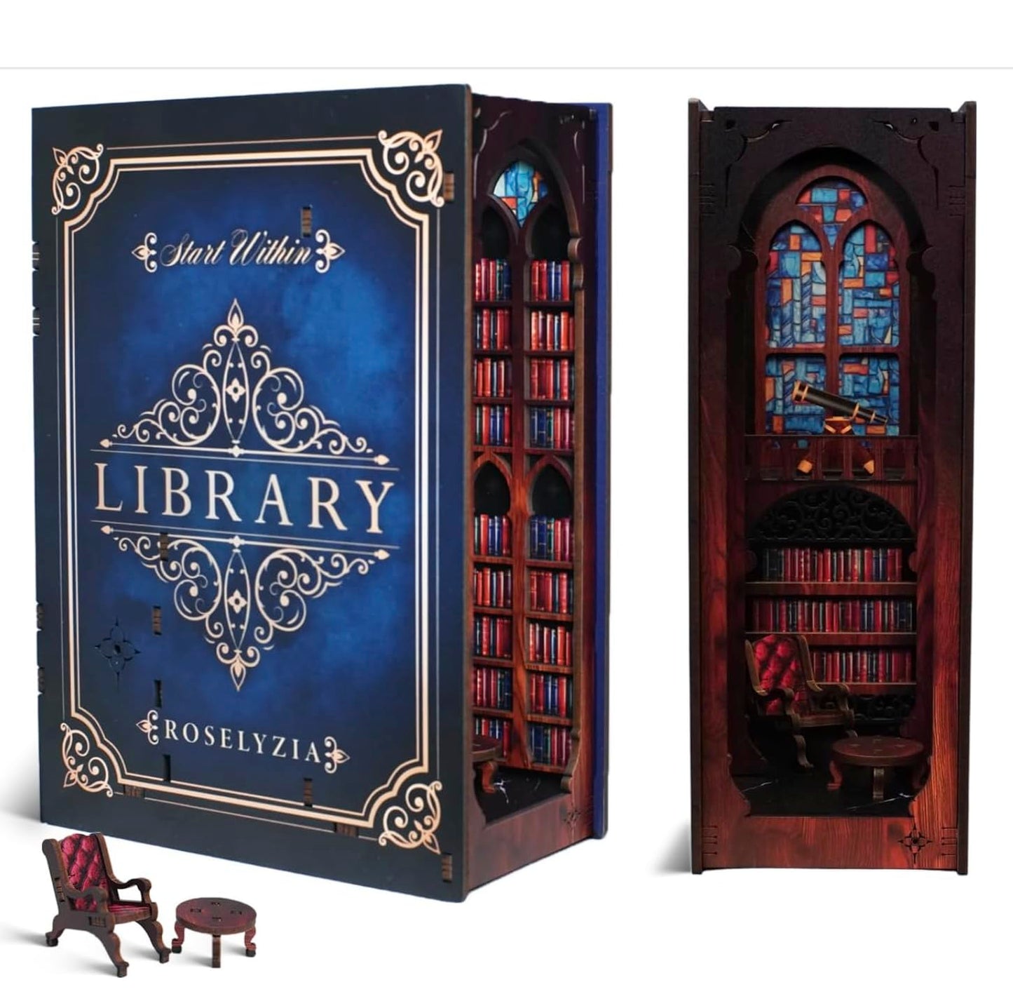 Book Nook Kit – NOOKBOOX by ROSELYZIA – DIY Miniature Dollhouse 3D Wooden Puzzle with LED Light – Bookshelf Decor Gift for Adults & Teens – Navy Blue