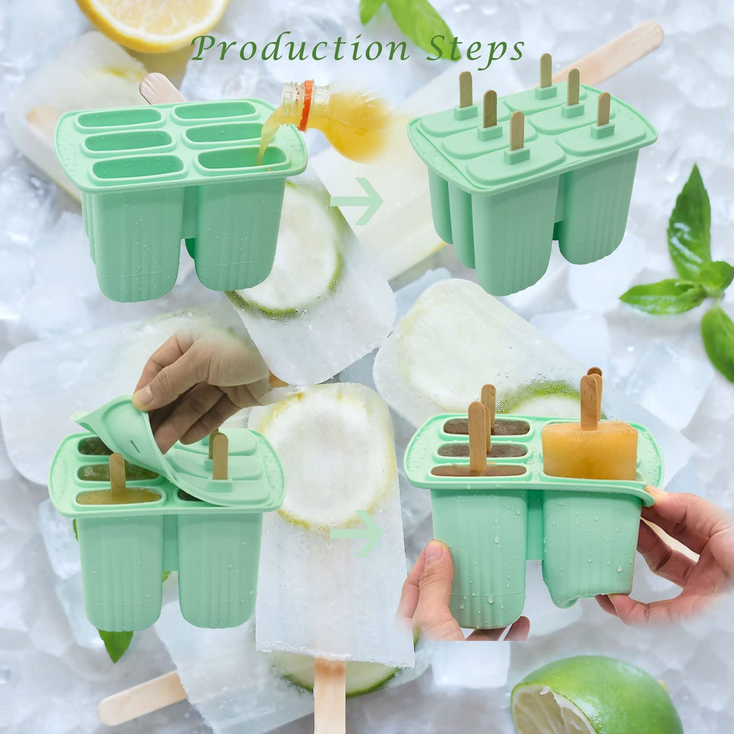 Bongpuda 6 Pieces Silicone Popsicle Molds,Easy-Release Bpa-Free,Ice Pop Mold,Ice Cream Molds For Kids,With 50 Pcs Popsicle Sticks+Cleaning Brush(Green）