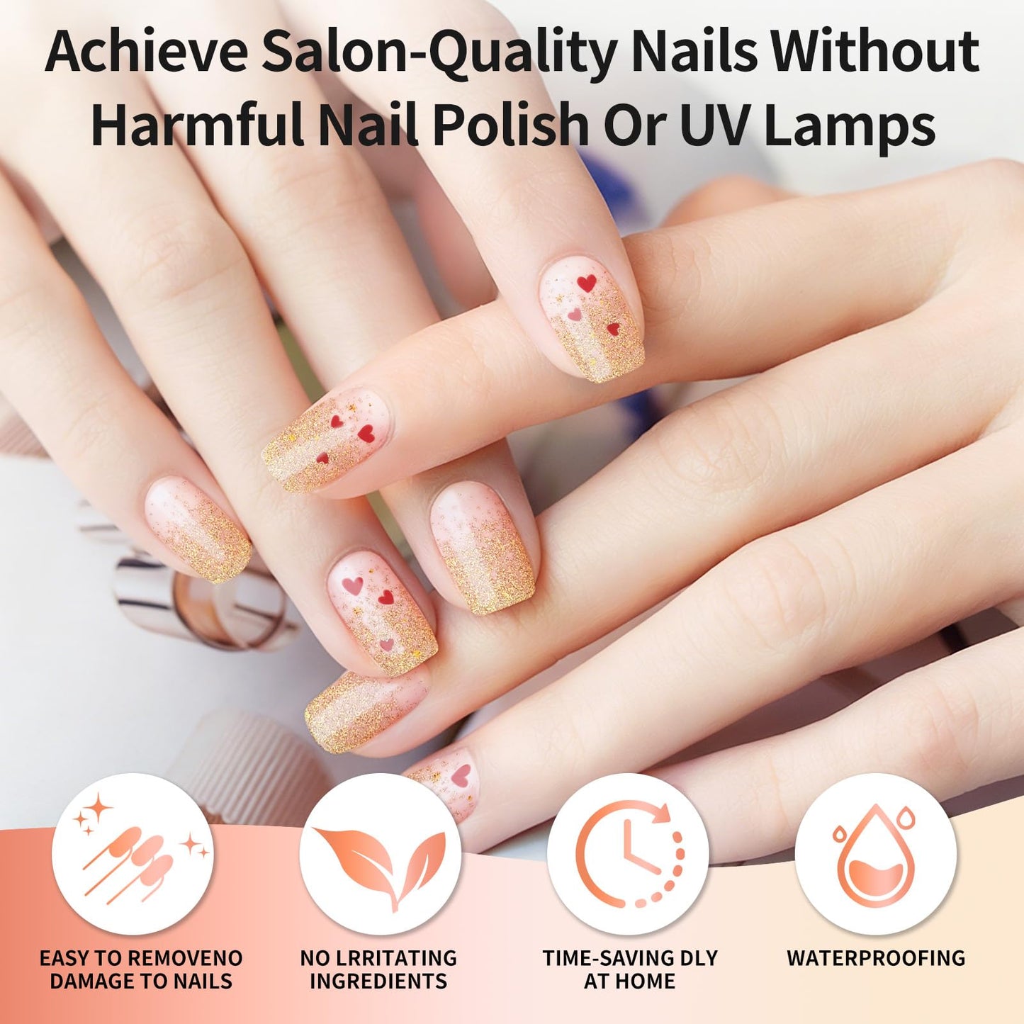 Semi Cured Gel Nail Strips -Nude Pink Glitter- Stylish Nail Wraps, No UV Light Needed, Effortless Application & Removal, Salon Quality, Includes 16 Wraps, 1 Prep Pad, Wooden Stick & Nail File