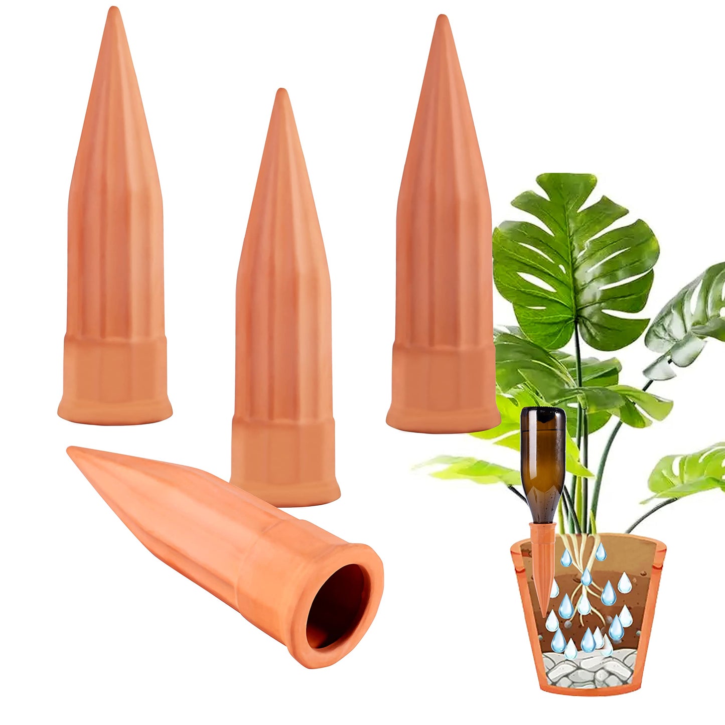 TKSCUSR Self Watering Spikes -4 Pack Terracotta Plant Watering Stakes Devices Vacation Self-Watering Stakes for Indoor/Outdoor Plants