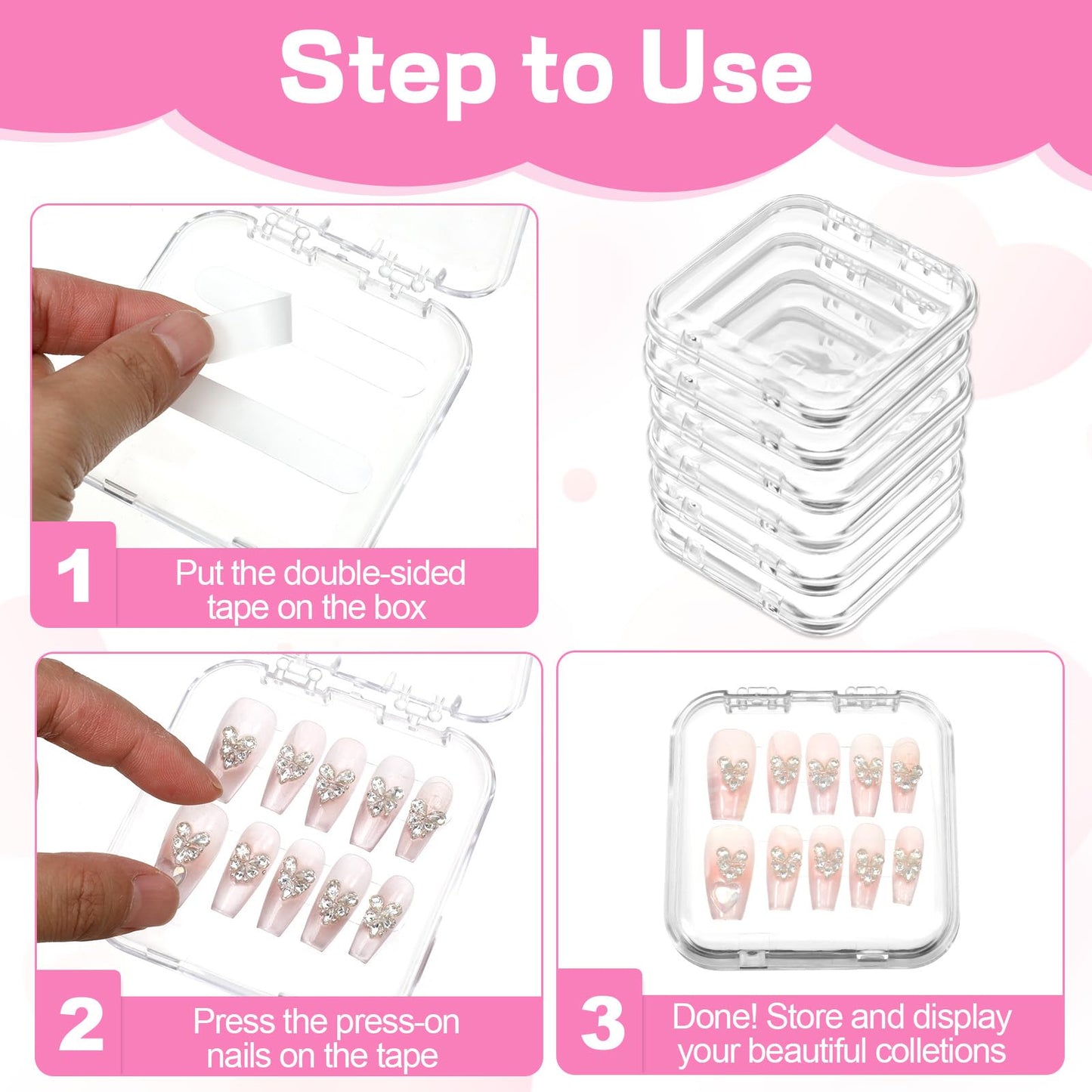 PEOVLVN 20pcs Press on Nail Storage Box Press on Nails Packaging Fake Nail Storages Case with 90 Pcs Adhesive Double Sided Tape for Fake Nail Storage Nail Display Nail Salon