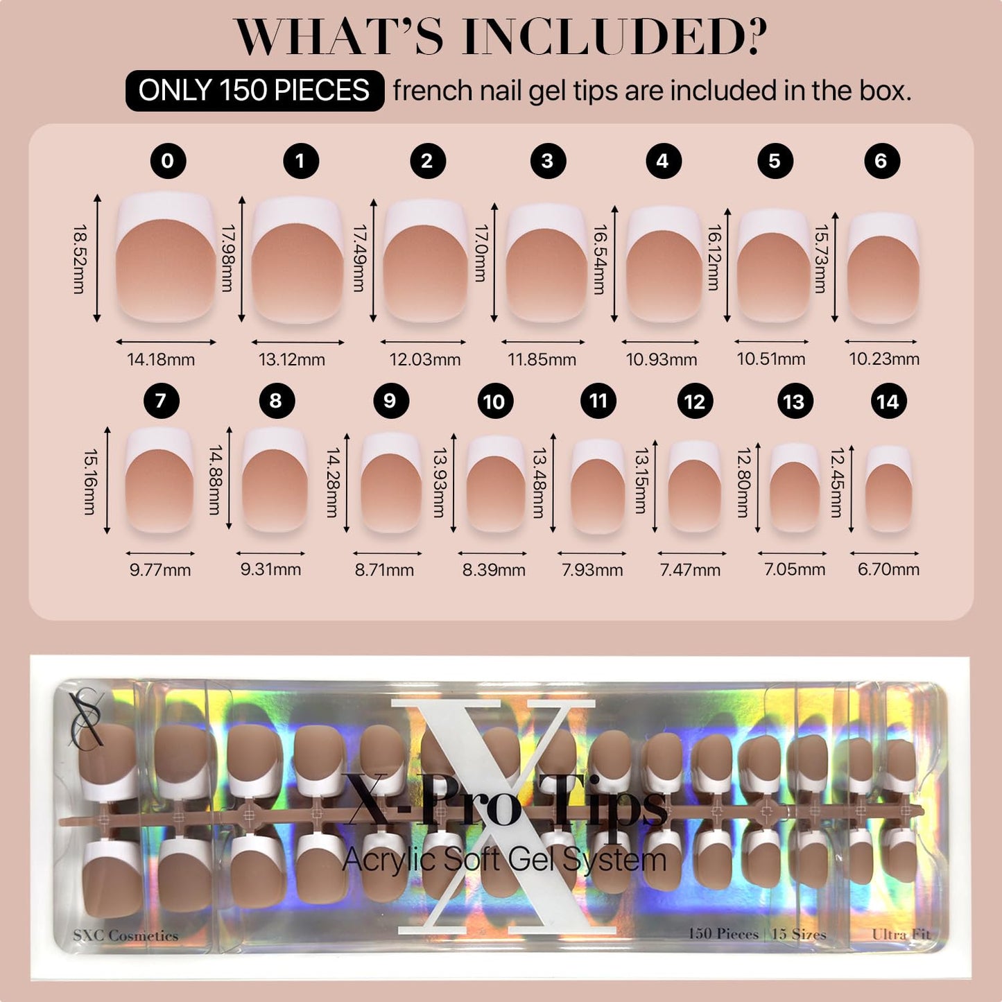 SXC Cosmetics French Tip Press On Nails Brown Extra Short Square 150 Pieces in 15 Sizes Ultra Fit with Pre-applied Tip Primer and Base Coat, No Need to File Fake Nails for Nail Art DIY X-Pro Tips
