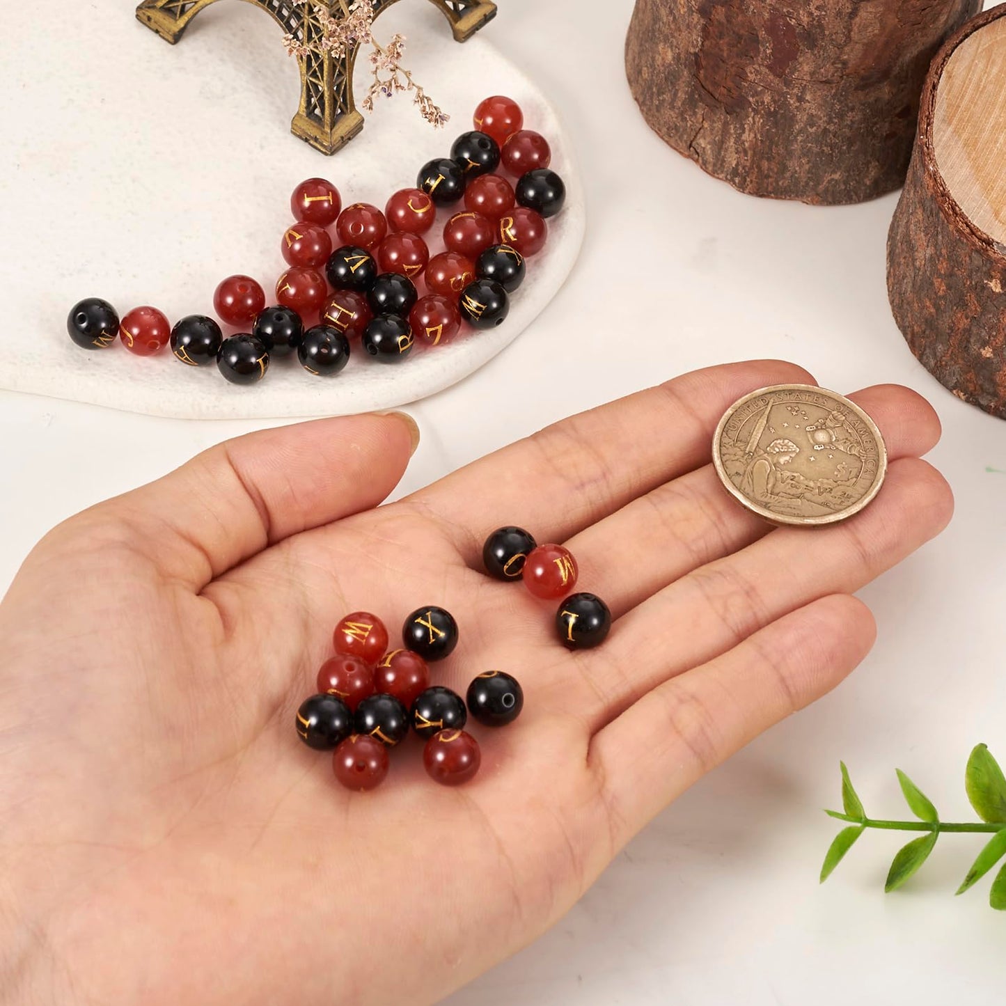 52Pcs 8mm Natural Agate Gemstone Letter Beads Red Black Agate Stone Beads Alphabet A~Z Natural Stone Bead Round Loose Gemstone Bead for DIY Earring Necklace Jewelry Making