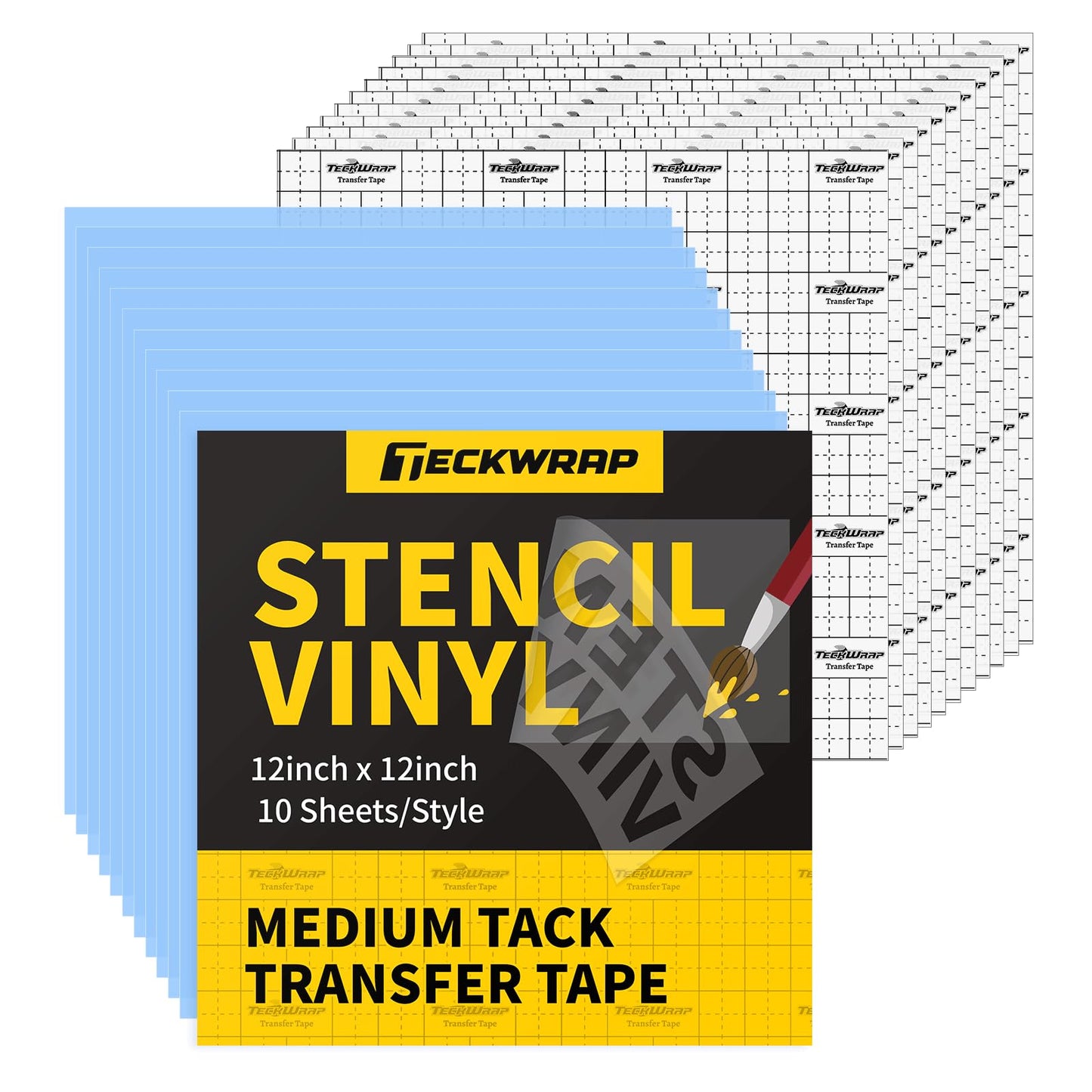 TECKWRAP Blue Stencil Vinyl Adhesive Masking Film with Anti-Bleed Technology & Black Grid Transfer Tape, 12”X12” 10 Sheets/Style, Permanent Adhesive Vinyl, DIY Decals, Signs, Windows, Stickers
