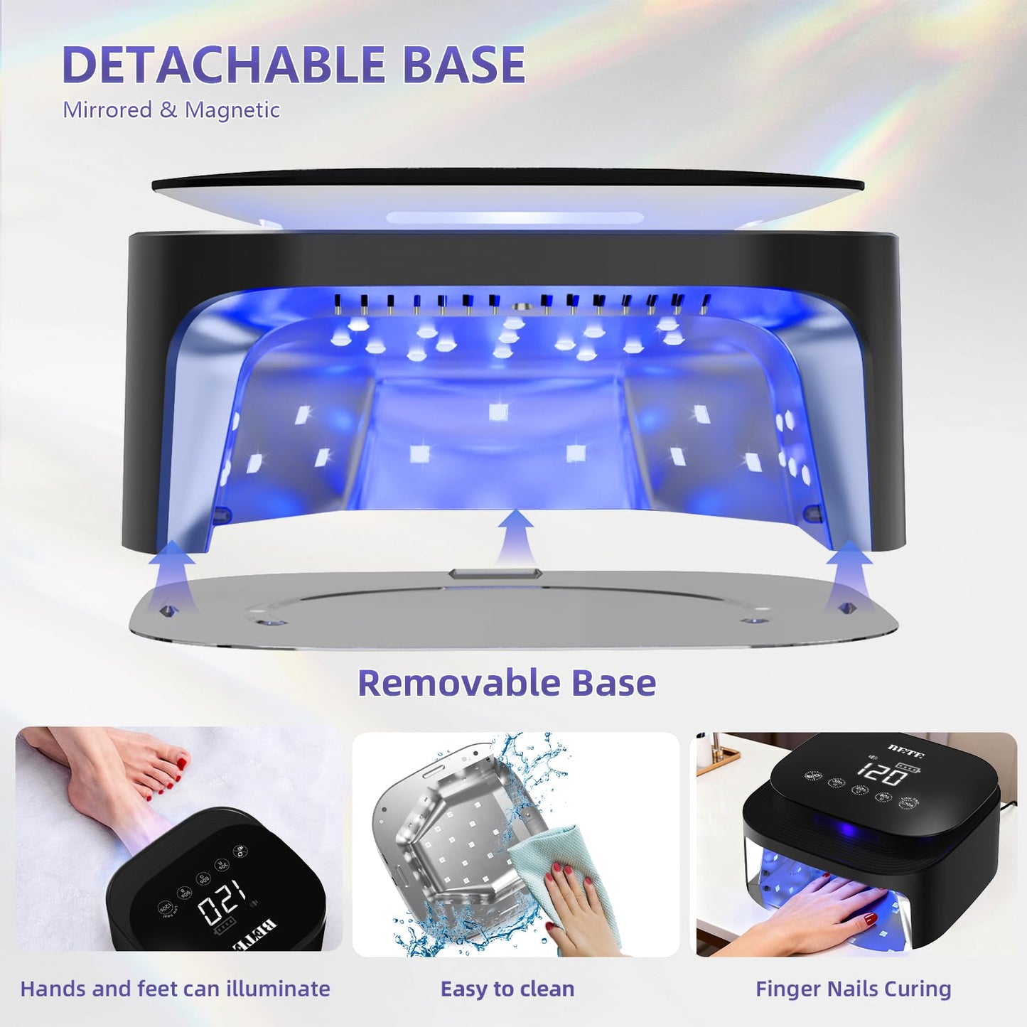 BETE 60W Cordless UV LED Nail Lamp - Rechargeable Gel Polish Dryer with Auto Sensor, 30 Beads & 4 Timer Settings Portable for Home/Salon Black