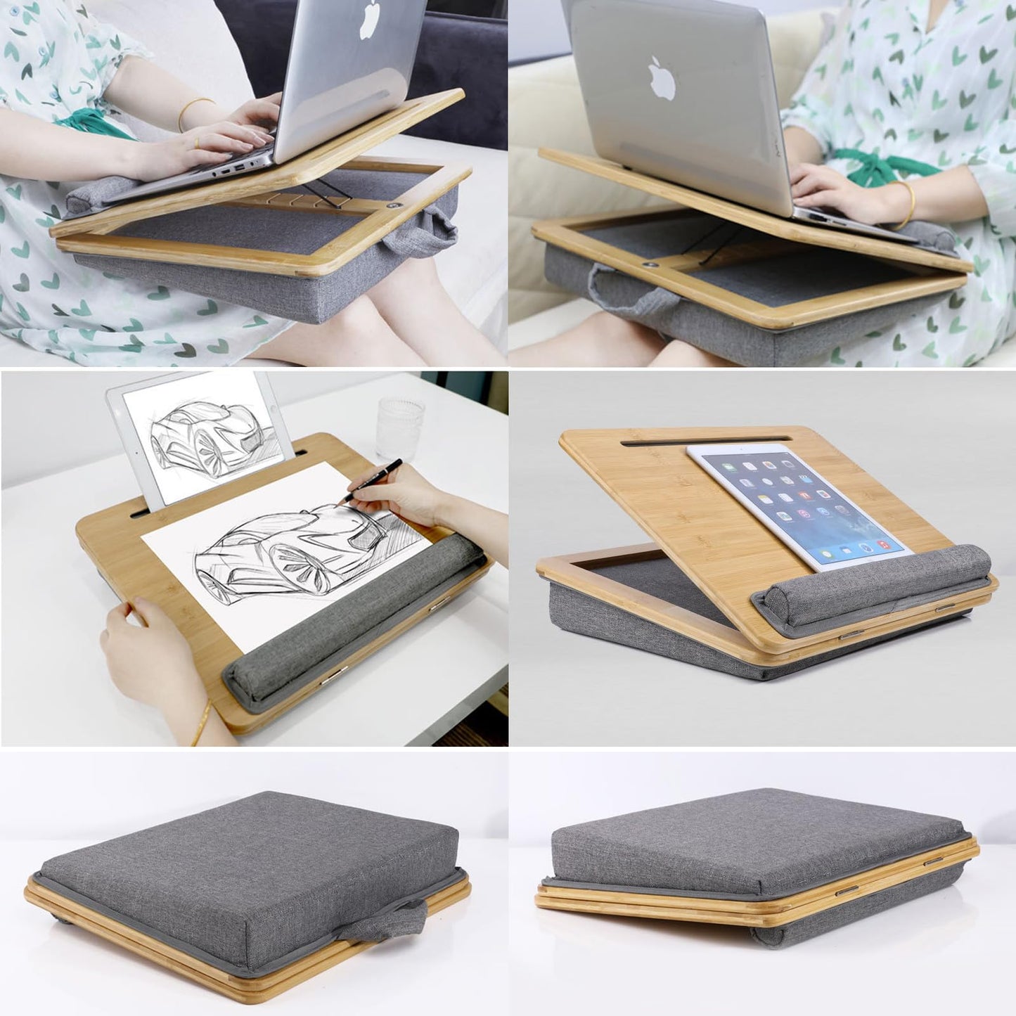 SANJIMO Adjustable Lap Desk for Laptop with Cushion, Bamboo Laptop Stand with Anti-Slip Strip Tablet Phone Holder, Fits up to 15.6 inch or 14 inch with Mouse Space