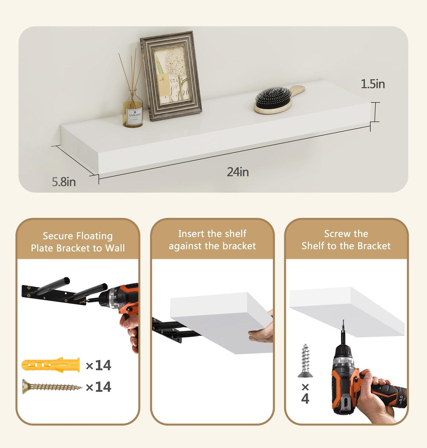 Vervida® White Floating Shelves for Wall, 24" Rustic Wood Deep Wall Mounted Shelves with Invisible Brackets for Decor & Storage, Floating Shelf for Living Room, Bathroom (Set of 3)