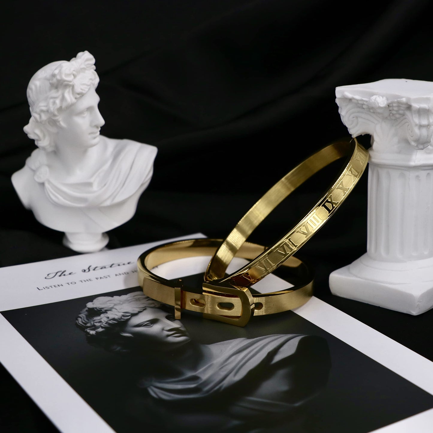 Jarlinwel Gold Silver Plated Bracelets for Men Women Roman Numeral Bangle Bracelet Stainless Steel Personalized Engraved Unisex Bangle (2 Pcs Womens Gold Bangle)