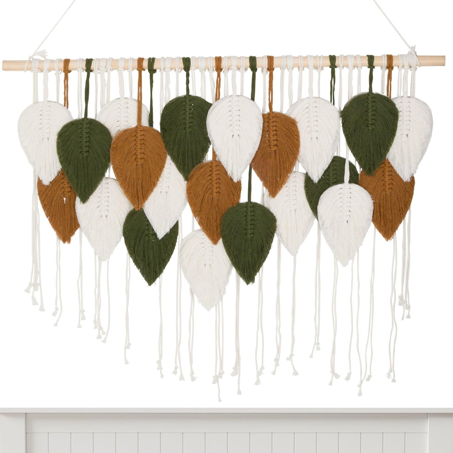 Large Macrame Wall Hanging Decor – Handmade Cotton Cord Boho Room Decor for Bedroom, Nursery, Office – 39” W x 29.5” L (Green, Brown, White)