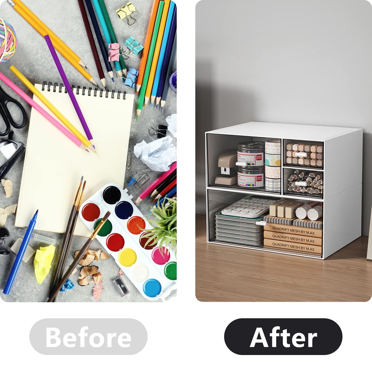 Desk Organizer Stackable Storage Drawers with 3 Compartments Stackable Drawers Great for Desk Storage, Makeup Storage Bathroom Organization Accessories Etc (White)
