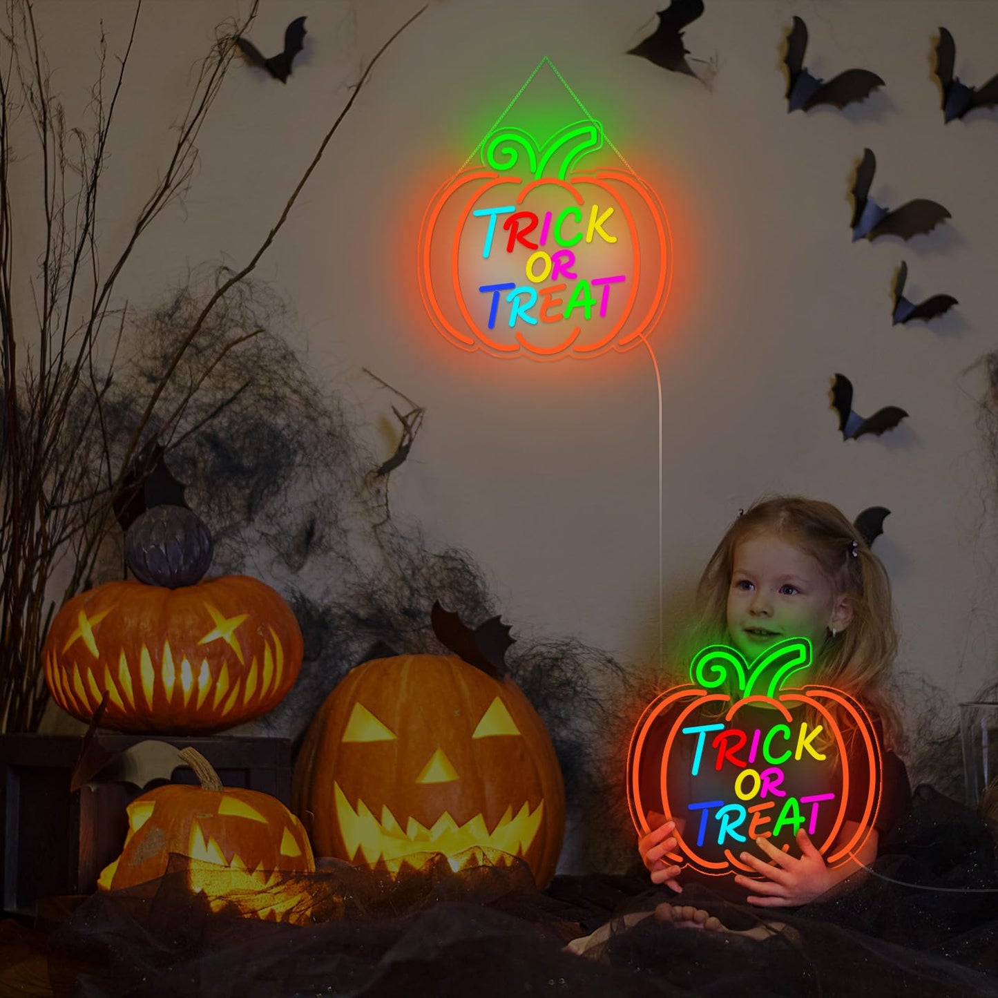 LMHSE Halloween Neon Sign, Halloween Wall Decor Pumpkin Trick or Treat Neon Signs for Decorating Rooms, Windows, Funny Home Decor, Party, Halloween Decoration USB Powered