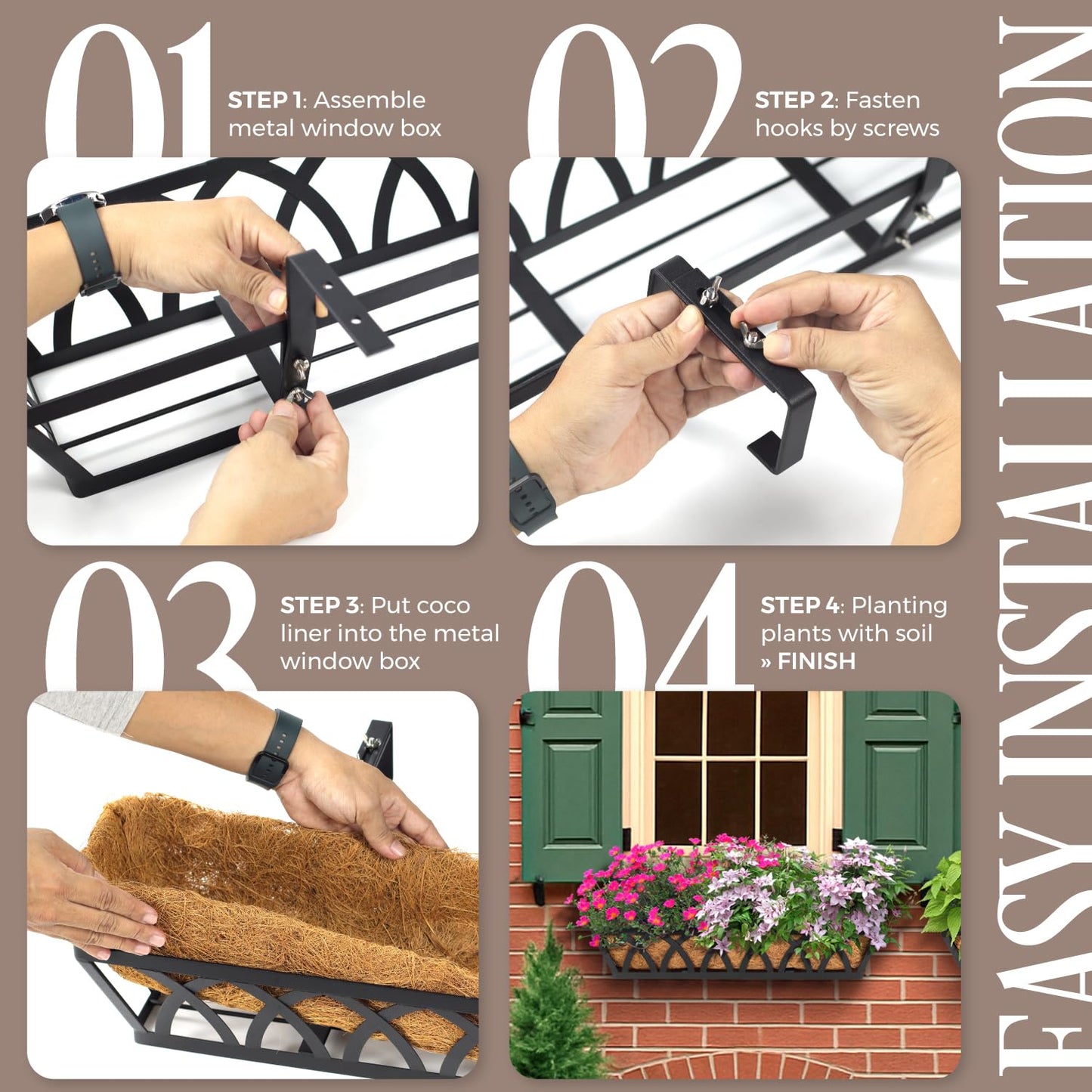 BTRAM 36IN Window Box Railing with Adjustable Brackets, Hanging Flower Planter Basket with Coco Liner for Outdoor Balcony Porch Fence Patio (Black - Set 2)