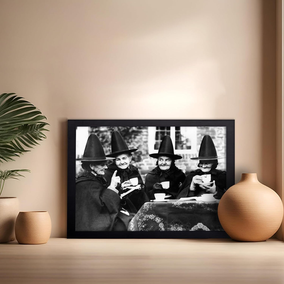 Poster Master Classic Photograph Poster - Vintage Halloween Print - Gift for Artist, Friend - Witches Tea Party, Old Women Smiling, Wearing Robes - Wall Decor for Living Room, 16x20 Black Framed