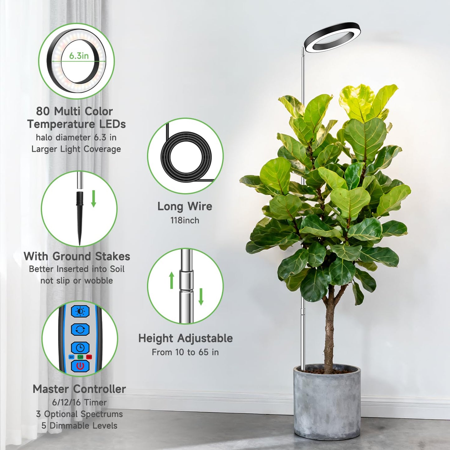 Aokrean 6.3in Grow Light, 80LED Full Spectrum Plant Light for Indoor Growing, Height Adjustable 10"-65", Auto Timer 6/12/16H, 3 Optional Spectrums, Idea for Large Plant, 5V, Black, 2 Pack