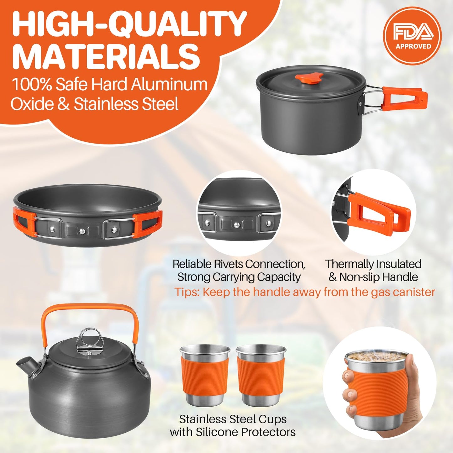 FUNYKICH 17PCS Camping Cooking Set, Non-Stick Lightweight Camping Pots and Pans Set with Kettle, Stainless Steel Cups, Foldable Forks Knives Spoons for Camping, Backpacking, Outdoor Cooking & Picnic
