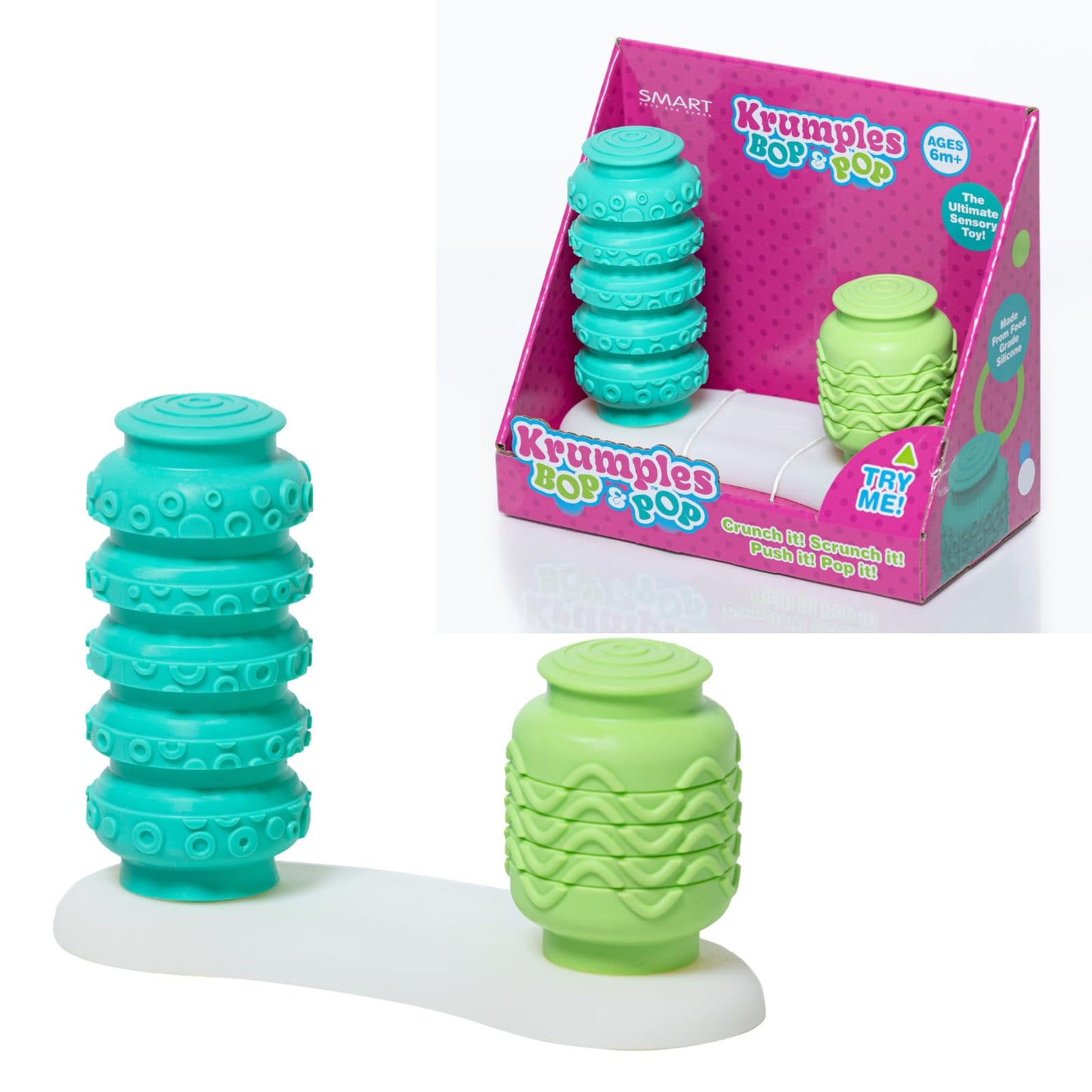 KRUMPLES BOP & POP – Sensory Silicone Toy for Ages 6 Months and Up | Two Connected Squishy Pods that Pop Up & Down | Safe, BPA-Free, Developmental Fidget Toy