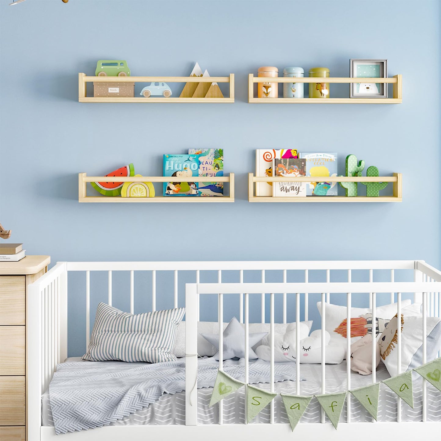 Fixwal Nursery Book Shelves, 23.6 Inch Floating Bookshelves for Wall Set of 4, Baby Nursery & Playroom Decor, Solid Wood Wall Mounted Shelves for Books and Toys Storage (Natural Wood)
