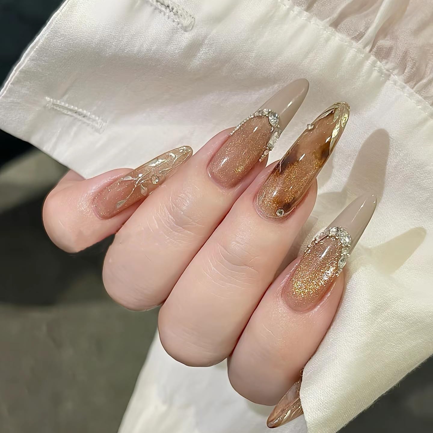 LIFOOST Handmade Nails Press On Long French Style Giltter Cat Eye False Nail Tips with Bright Crystal Silver Leaves Design Stick On Nails 10 Pcs, Size Medium