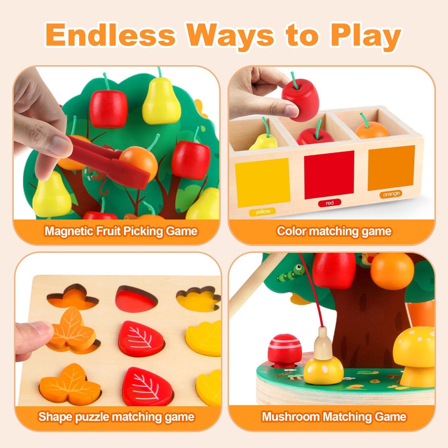 INIFEIDALA Montessori Apple Picking Magnetic Tree Toy-Wooden Peg Board Bead Game