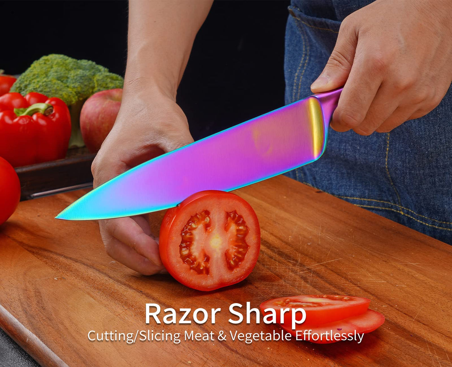Hollory Rainbow Kitchen Knife Set 3 Piece, Razor Sharp German Stainless Steel Blade with 8 in Chef, 5 in Utility, 3.5 in Paring – Starter Set with Gift Box
