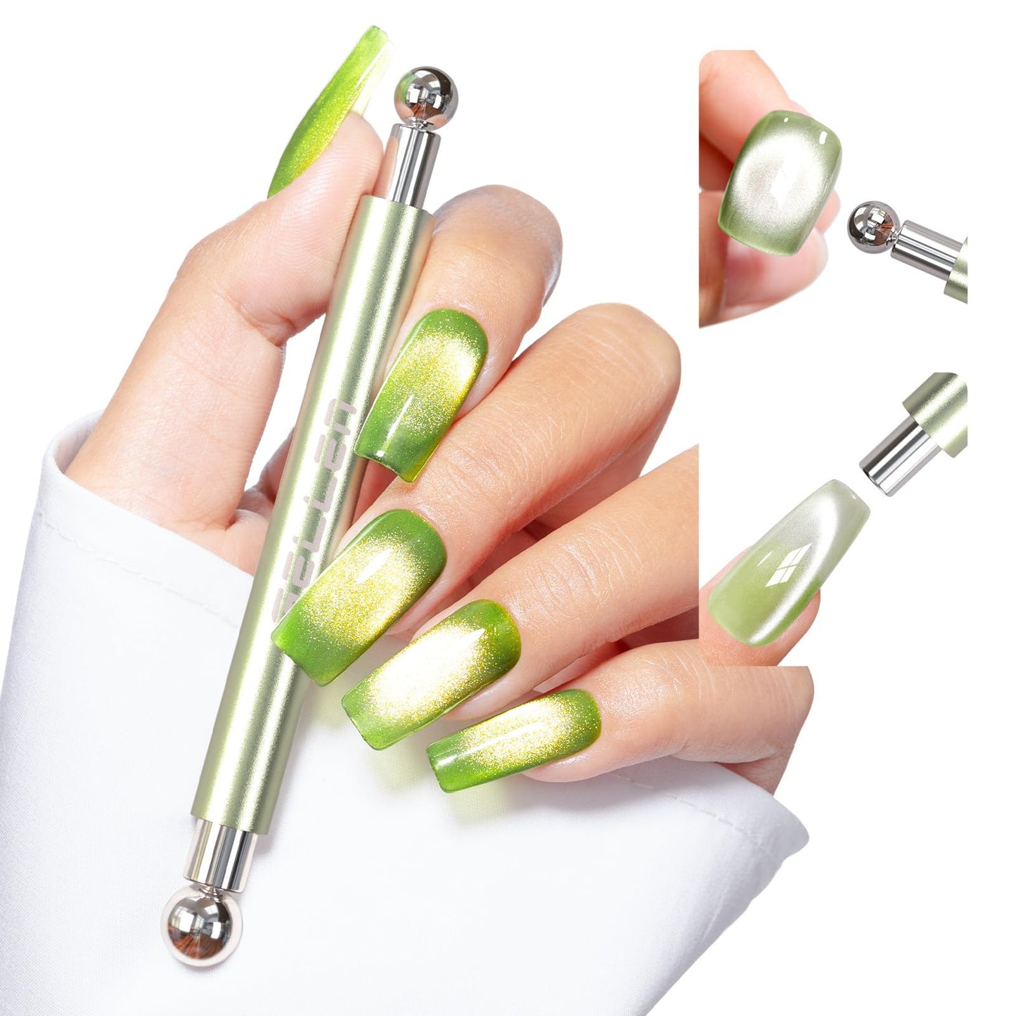 Gellen Green Double-Ended Cateye Magnet for Nails – Dual Cat Eye Nail Magnet Tool with Wide & Narrow Tips, Strong Magnetic Stick for Cat Eye Gel Polish Nail Art DIY Salon Use
