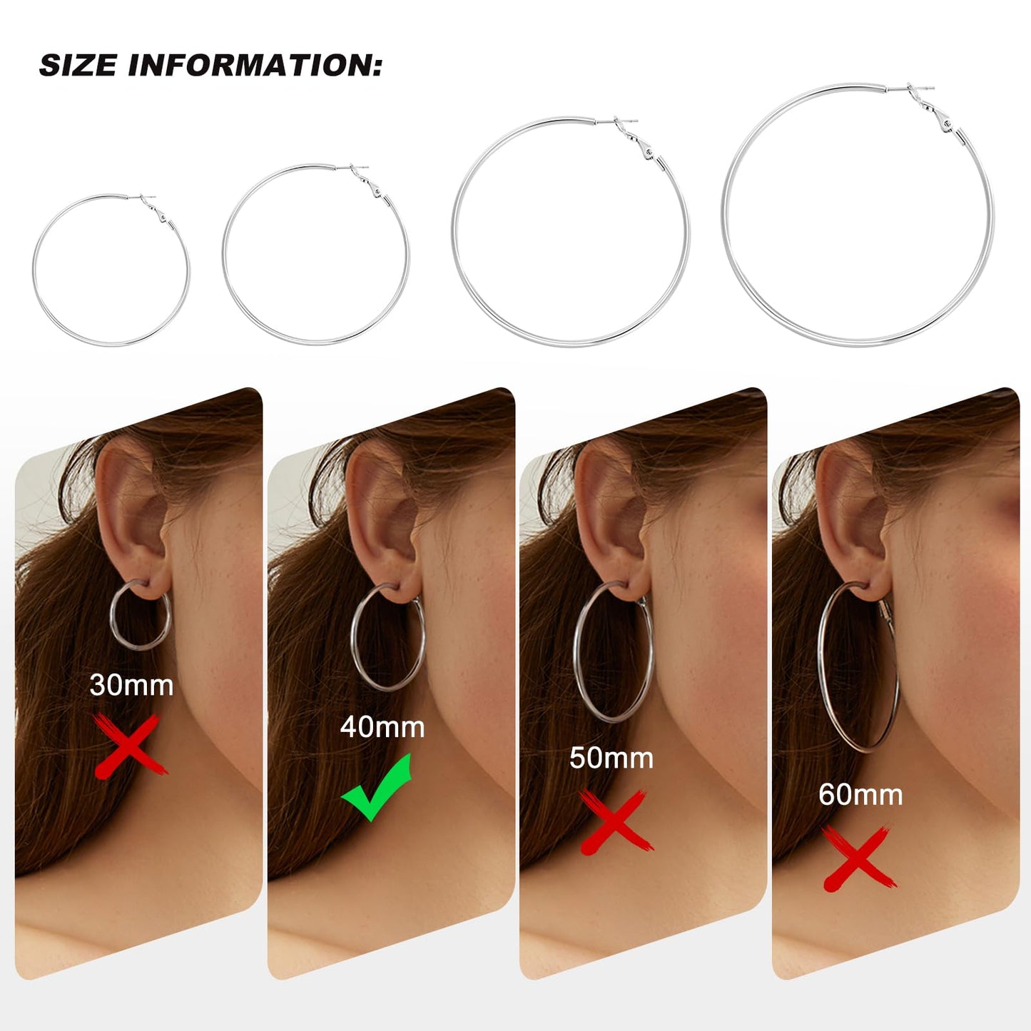 PICKBEAU Silver Dangle Hoop Earrings for Women, 14K White Gold Plated Stainless Steel Earrings Drop Hypoallergenic Hoops Earrings(40mm)