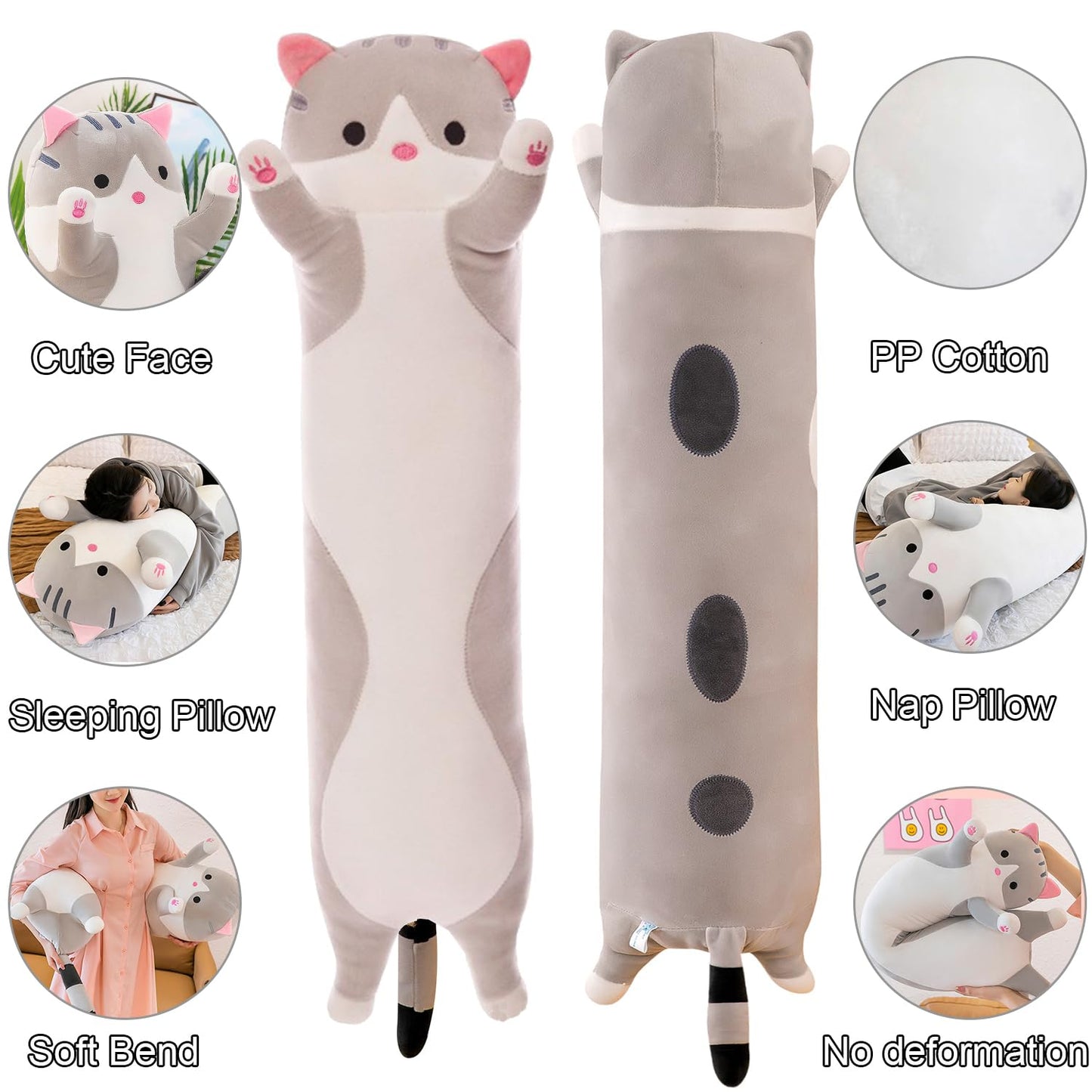 Giant Cat Pillow Plush Cartoon Kitty Sleeping Hugging Pillow, Cuddly Soft Long Kitten Body Pillow Doll Cat Cushion Toy for Kids Girlfriend (Gray, 150cm/59inch)