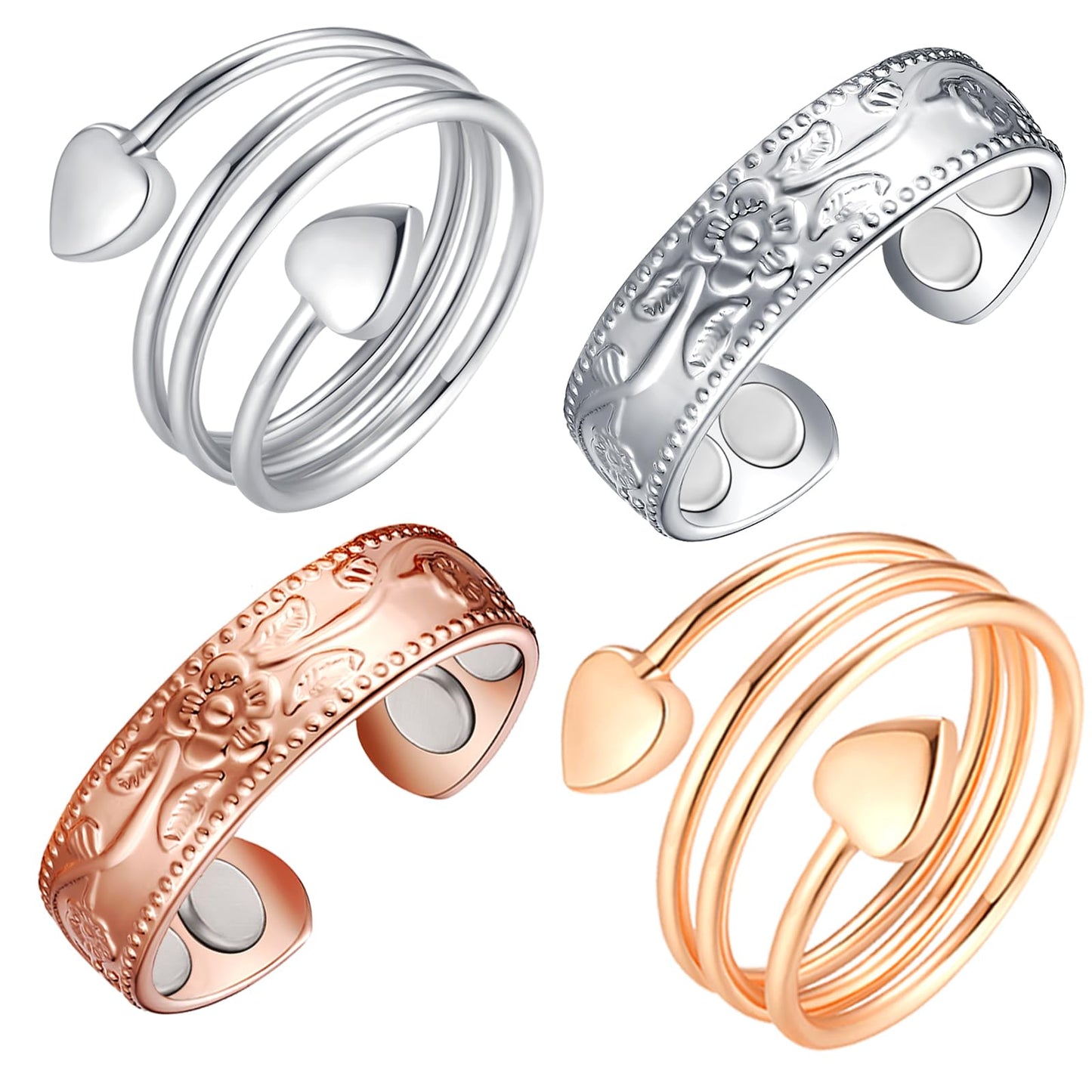 Vicmag Copper Magnetic Ring for Women, Magnetic Rings Ladies Fingers Thumb 100% Solid Pure Copper Jewelry Gift Adjustable(4PCS Flower & Love)