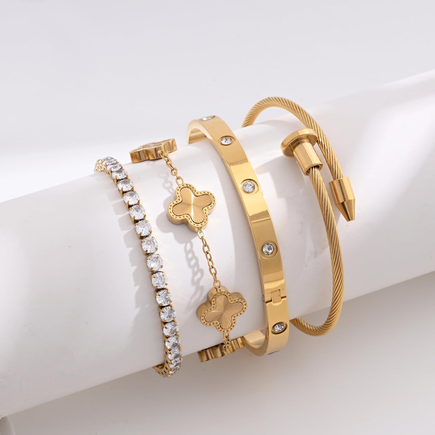 Billet-doux 18K Gold Plated Nail Love Bangle Bracelets Set For Women, Stackable Four-Leaf Clover Adjustable Tennis Bracelet Non-Tarnish Trendy Jewelry Gifts Perfect for Her
