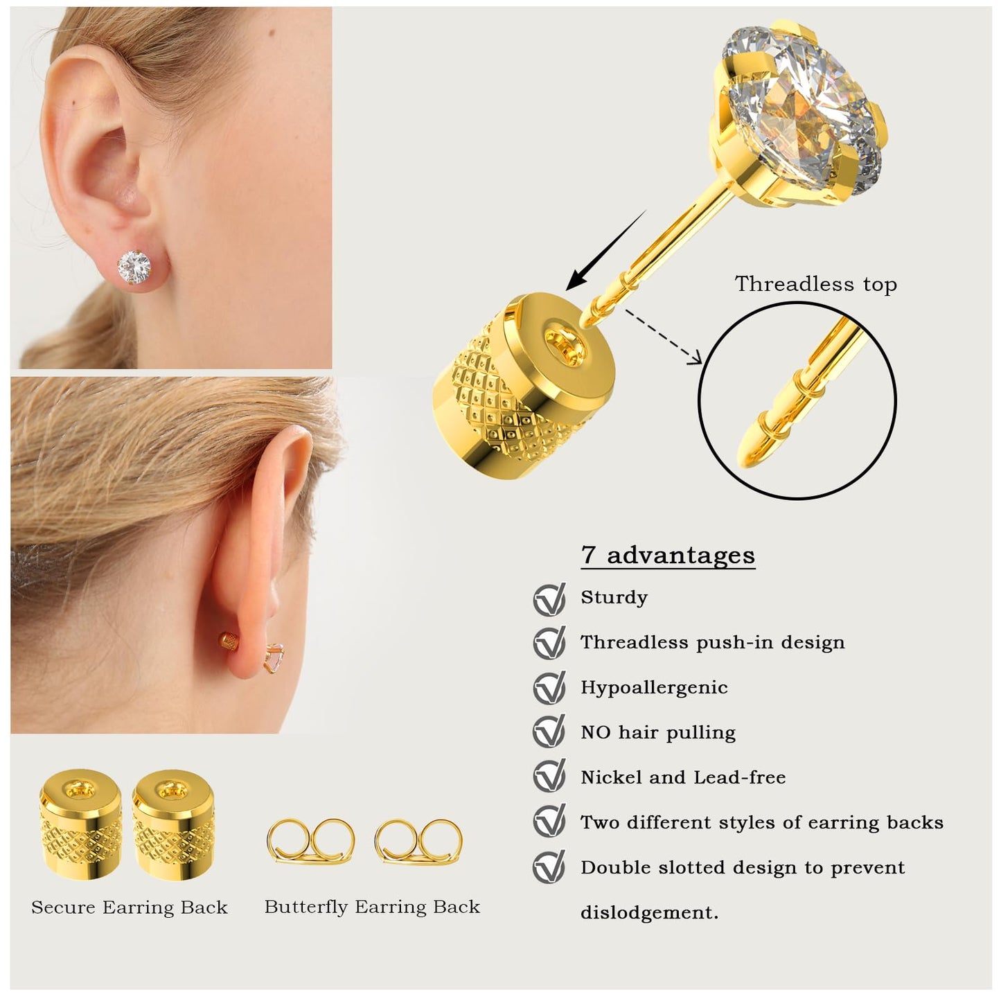 5 pairs Push-in Flat Back Stud Earrings Hypoallergenic Surgical Stainless Steel Cubic Zirconia Earrings Studs Set Multi-Pack, CZ Stud Earrings for Women Men Trendy Cartilage Earrings 4-8mm(Gold)