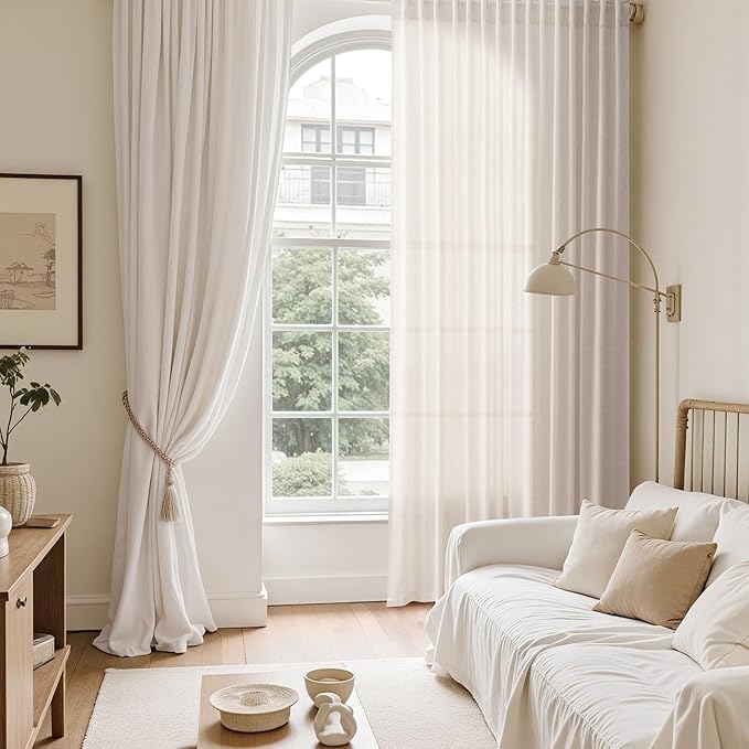 Ivory White Linen Curtains for Living Room 105 Inches Long Light Filtering Semi Sheer Curtain Back Tab Rustic Luxury Neutral Modern Farmhouse Decor Drapes for Bedroom Dinner Room 52x105, 2 Panels
