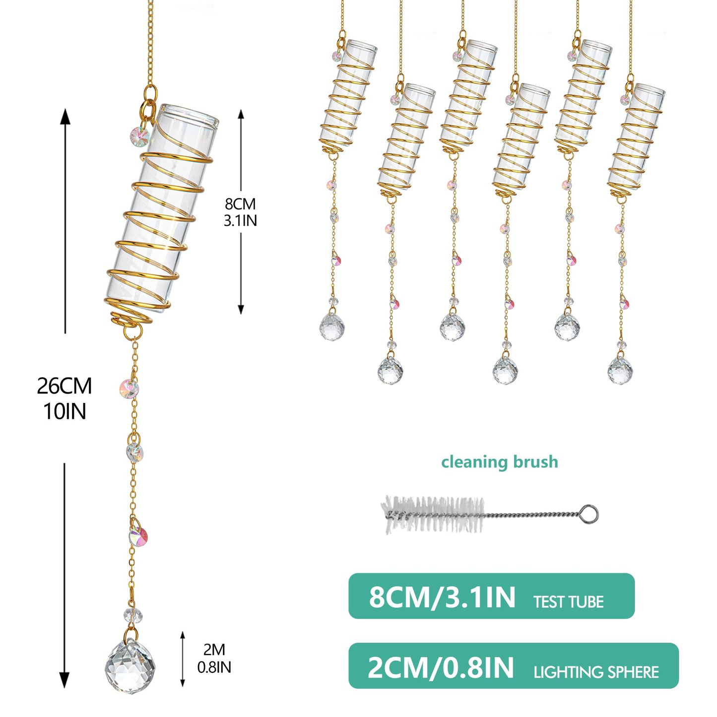 H&D HYALINE & DORA 6 Pcs Hanging Propagation Station with Crystal Ball Prisms Suncatcher and Cleaning Brush, Glass Wall Vases Crystals Prism Hanging Decor for Windows Home Wedding Decoration(Golden)