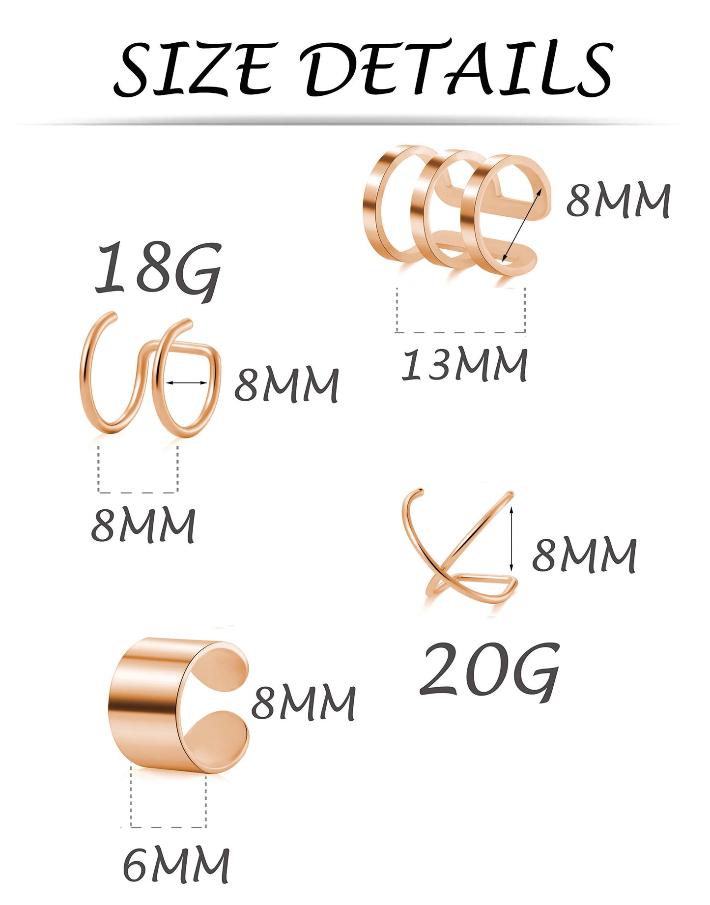 Tornito 4-10 Pairs Stainless Steel Ear Cuff Helix Cartilage Clip On Wrap Earrings Fake Nose Ring Non-Piercing Adjustable (A5: 4 Pairs, Rose Gold Tone)