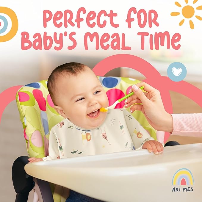 ARI MES Long Sleeves Waterproof Baby Bibs for Eating - Green Stripes, Large- Wearable, Coverall for Toddler, Long Sleeve Bib, Smock Apron for Feeding - Applicable for 6-72 Months
