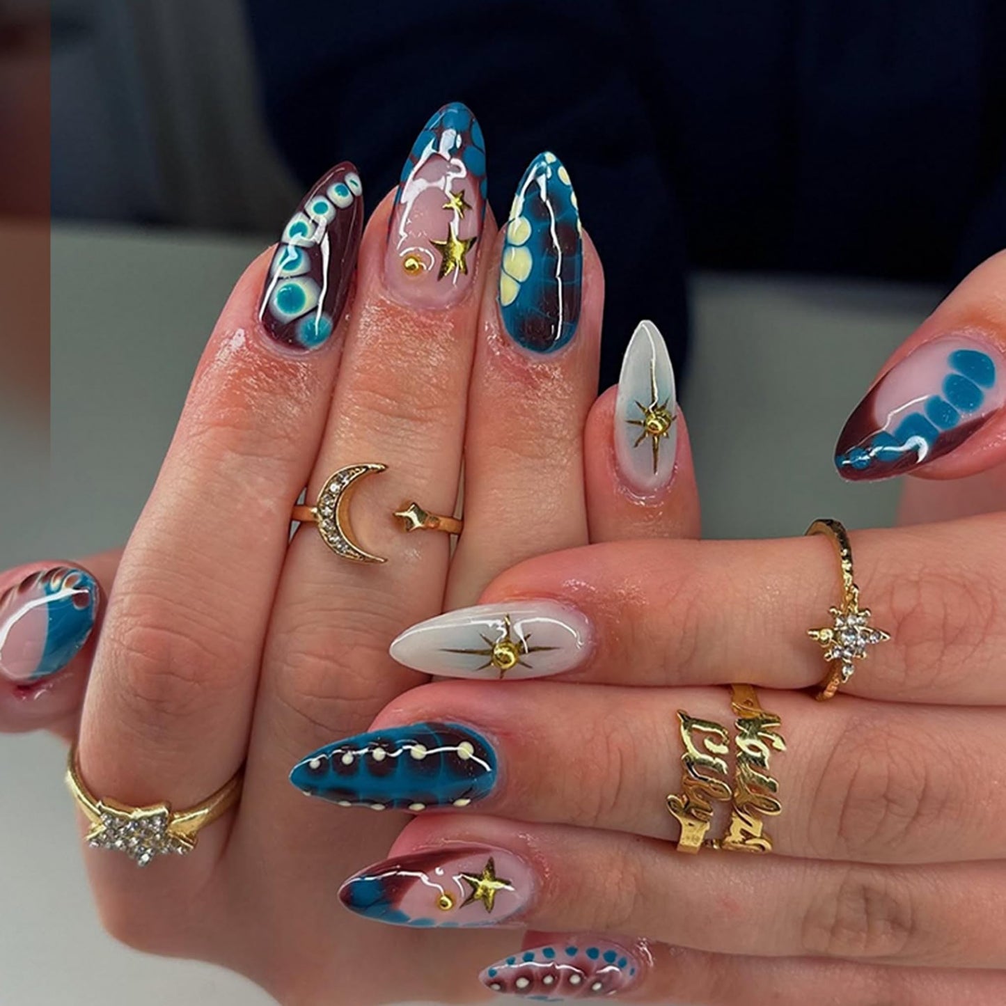 Long Press on Nails Almond Fake Nails Blue Acrylic Nail Press ons SEENEEY Stars Gold Charm Tortoise Shell Beach Stick on Nail for Women 24pcs