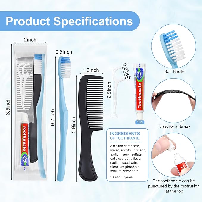50 Sets Disposable Toothbrushes with Toothpaste Floss Comb Individually Wrapped, Disposable Toothbrush Bulk, 10g Toothpaste,Dental Floss,6in Comb Bulk Toothbrush Kit for Homeless,Airbnb,Hotel
