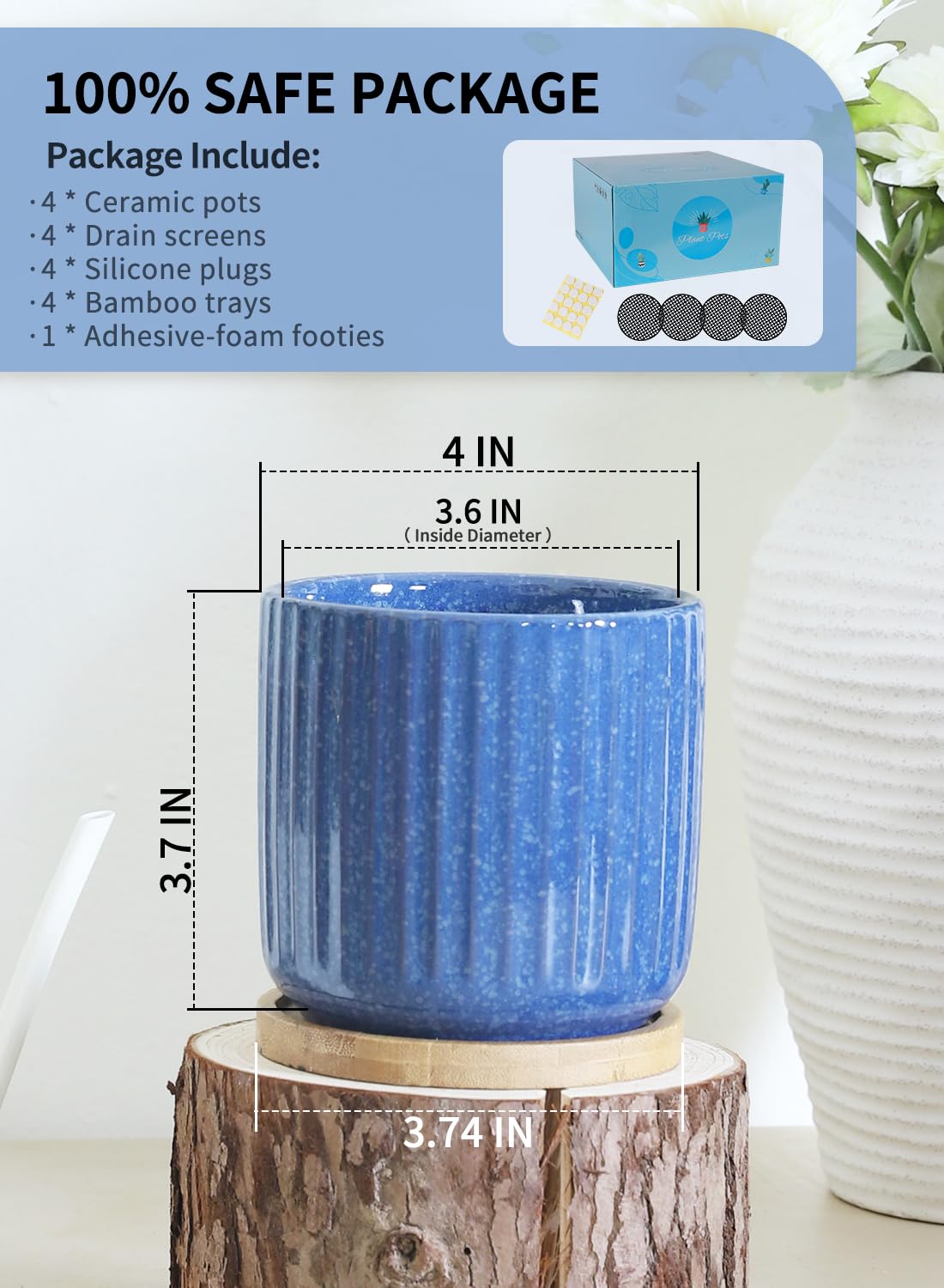 TAMAYKIM 4 Inch Cylinder Ceramic Plant Pots with Drainage Holes & Saucers, Glazed Small Boho Planters with Trays for Indoor Flower, Snake Plants, Succulent, Cactus, Blue, Set of 4