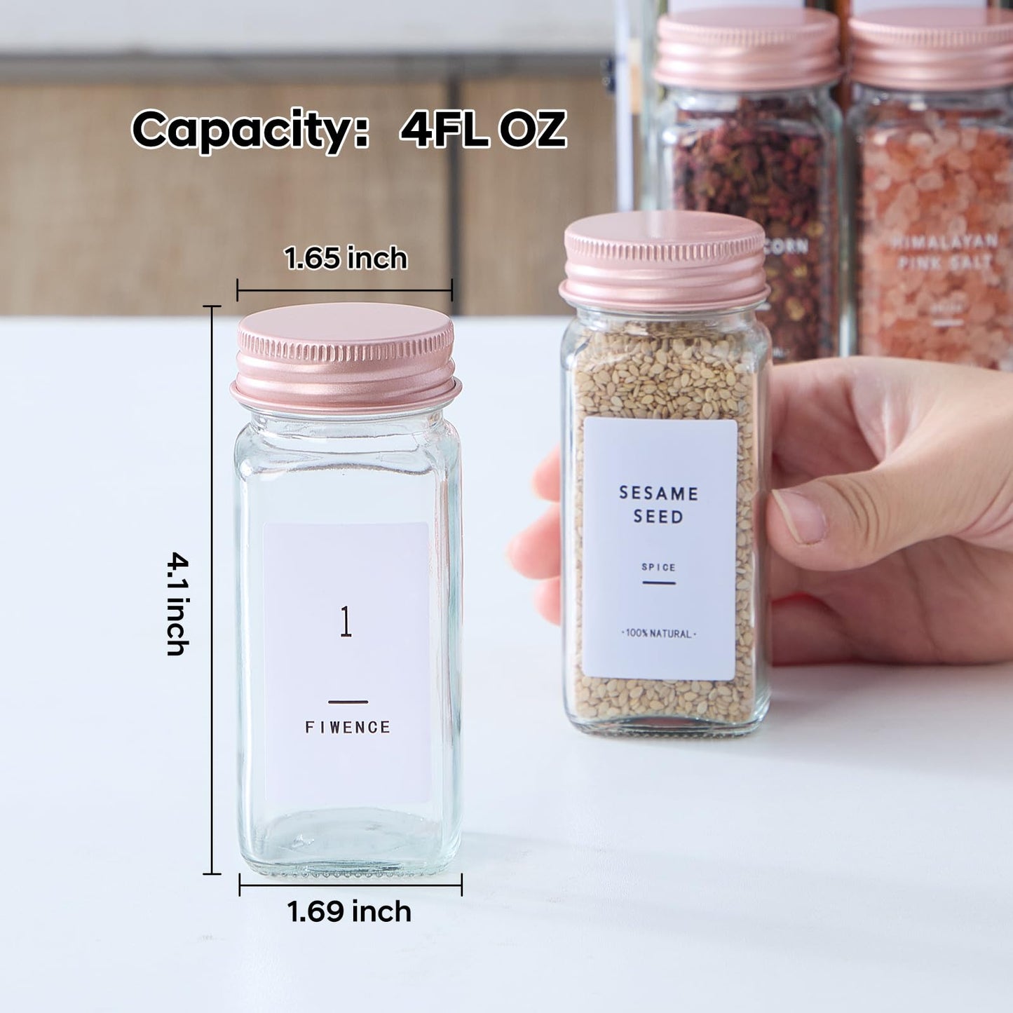Fiwence 24 Pcs Glass Spice Jars with Labels and Pink Metal Caps, 4oz Empty Spice Containers with Shaker Lids, Funnel, Pen,Seasoning Storage Bottles for Spice Rack, Cabinet, Drawer