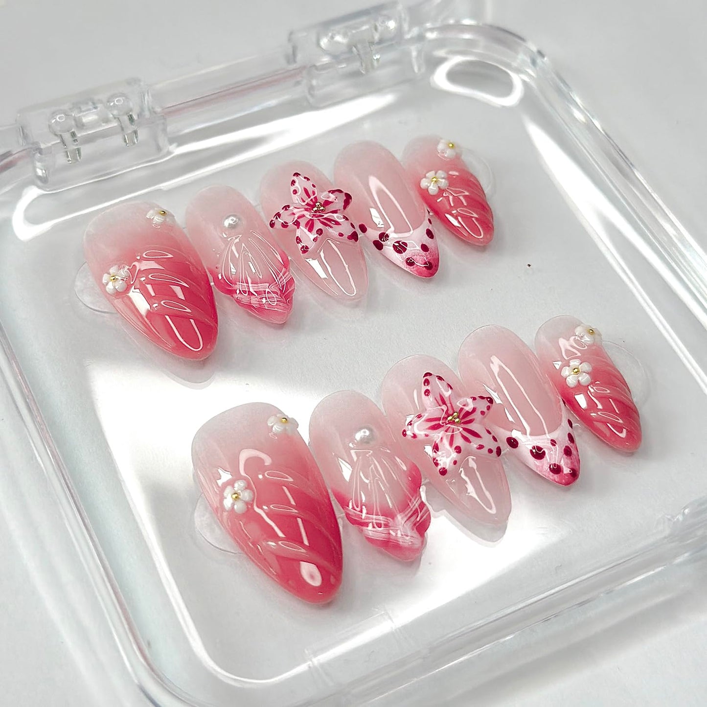 Luxury Press on Nails Medium Almond French Tip Handmade 3D Unique Reusable ABS Material Fake Nails Pink False Nails with Designs Pearls Floral Art Petal Glossy Glue on Nails Thick Acrylic Nails(M)