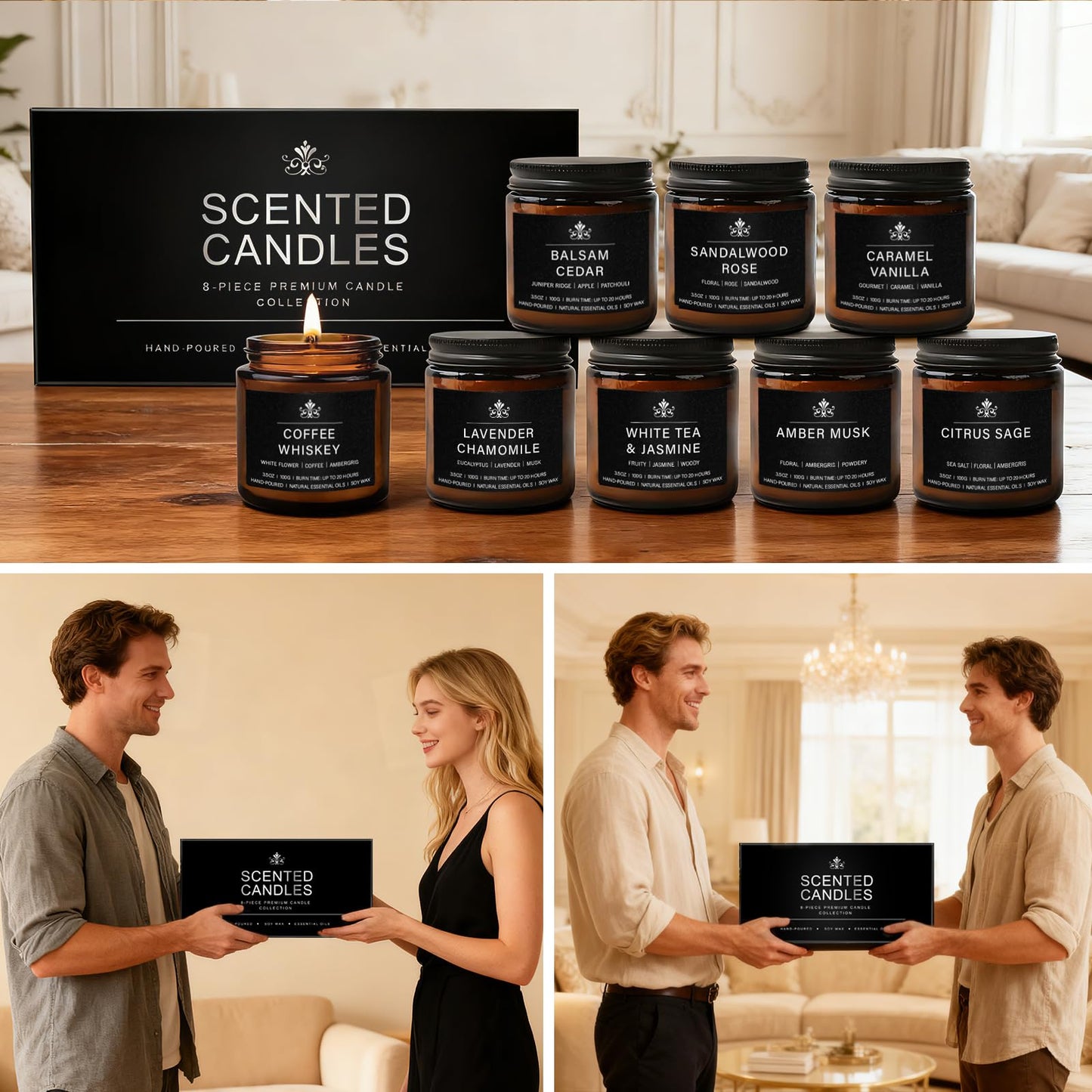 8 Pack Soy Wax Scented Candles Gift Set, Aromatherapy Candles with Lavender Chamomile, Citrus Sage, Caramel Vanilla, Coffee Whiskey, Long Lasting Stress Relief Candle, Unisex Home & Gift Set