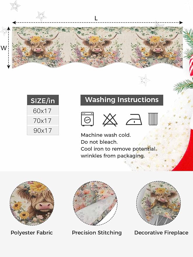 Spring Cow Floral Fireplace Mantel Scarf Table Runner, Green Eucalyptus Leaves Linen Winter Garland Mantel Top Tablerunners Dresser Scarves Cover Decorations for Windows Party Living Room 70''x17''
