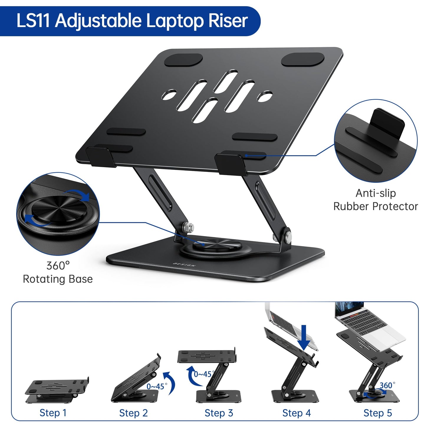 BESIGN LS11 Laptop Stand with 360° Rotating Base, Ergonomic Adjustable Notebook Riser, Foldable Computer Holder Compatible with 10-14" Laptops (Black)
