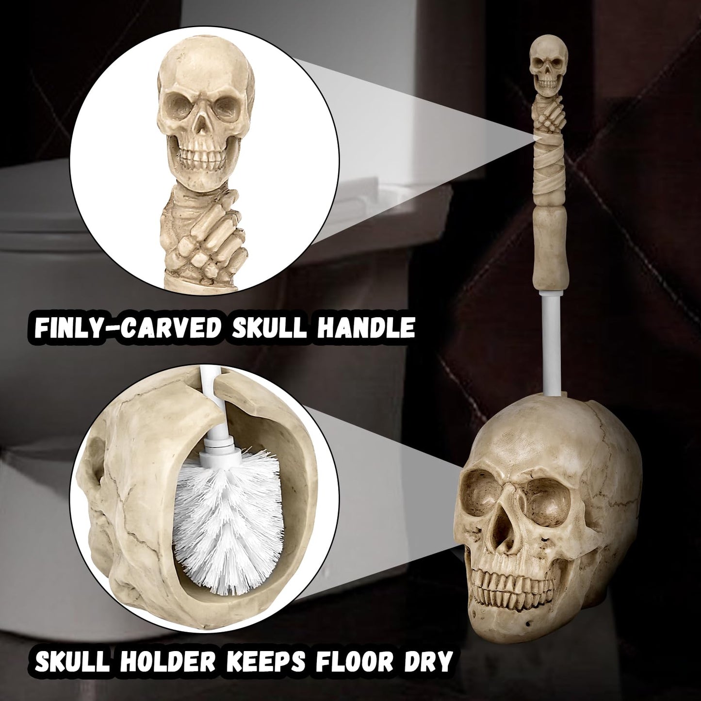 Toilet Brush and Holder Set for Bathroom,Skullduggery Skeleton Gothic Bathroom Decor Toilet Bowl Brush Set,Space Saving for Storage, Drip-Proof, Easy to Assemble, Deep Cleaning