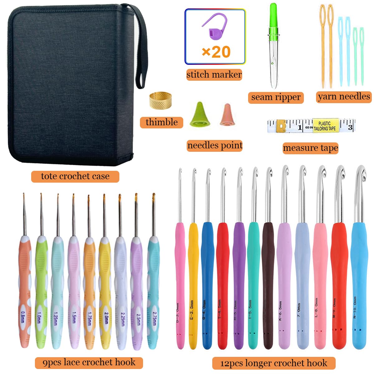 Mdoker 21 Sizes Crochet Hooks Set,Ergonomic Crochet Hook with Case for Arthritic Hands,Complete Crochet Set for Beginners & Crochet Lovers(0.8mm-10mm)