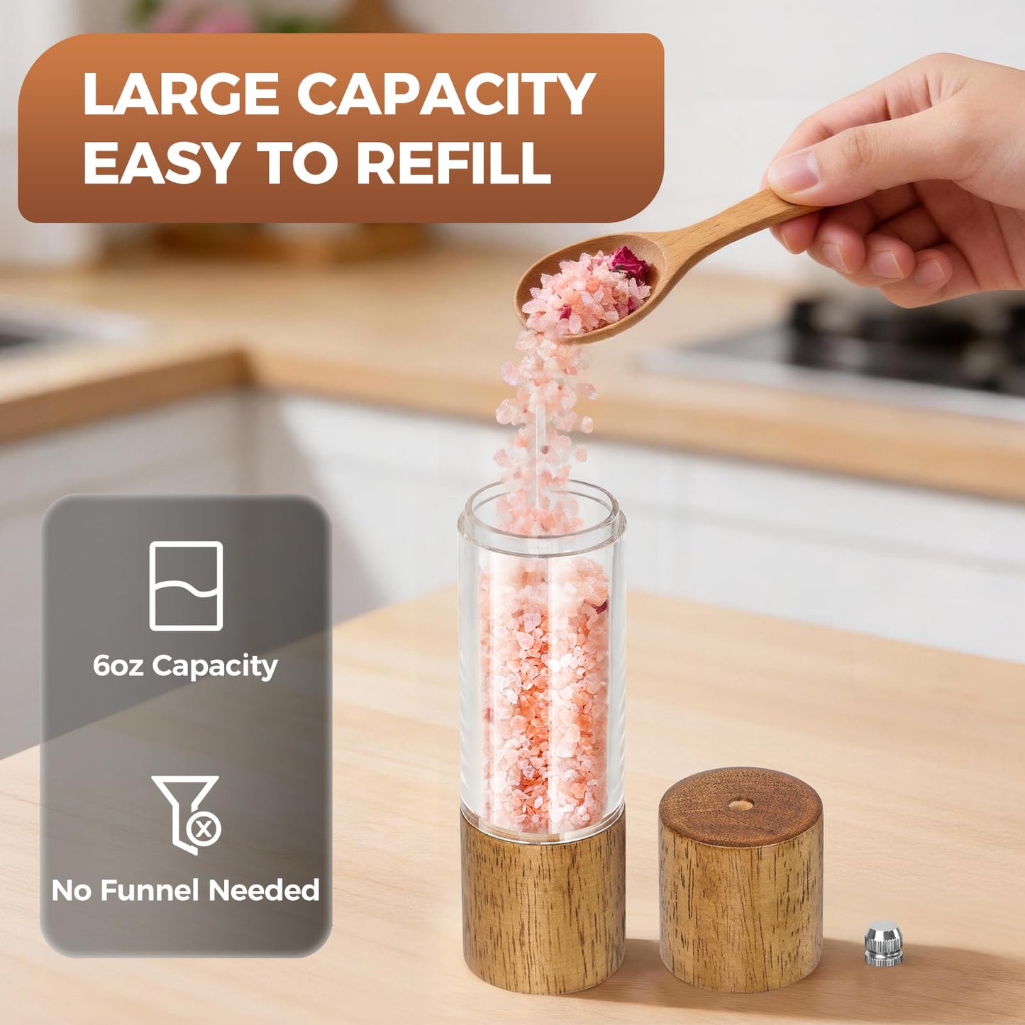 JTGILKFR 2-Pack Wooden Salt and Pepper Grinder Set - 8 Inch Manual Adjustable Ceramic Grinding, Refillable Acrylic Salt and Pepper Grinder Set, Custom Coarse to Fine Settings, for Home Dining & Gifts